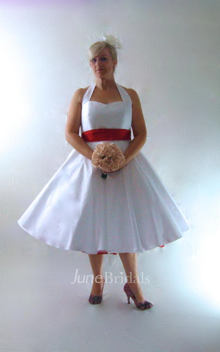 Rockabilly Tea Length Halter Neck Taffeta Wedding Dress With Bow and Beading