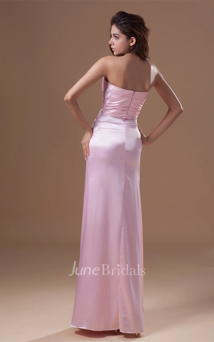 Strapless Satin Ankle-Length Dress with Flower and Beading