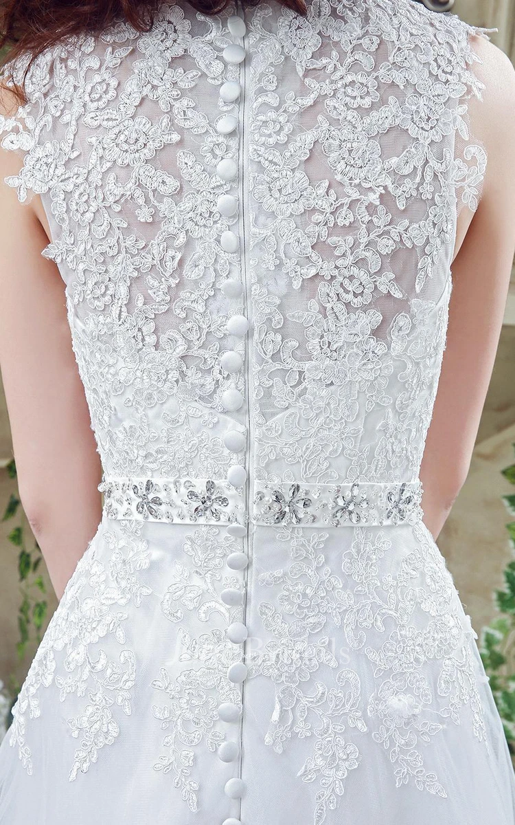 Timeless Lace Appliques Tulle Wedding Dress Cap Sleeve Beadings Zipper