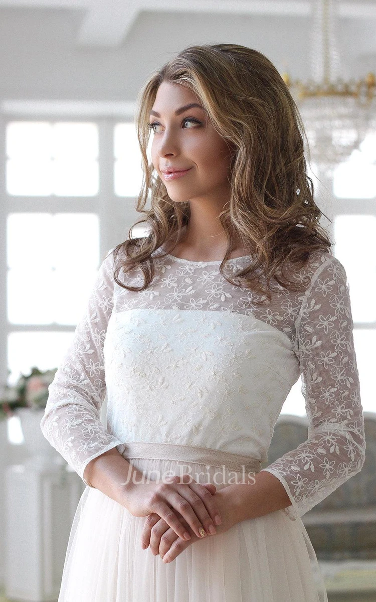 Scoop Neck Long Sleeve Tulle Wedding Dress With Lace Bodice