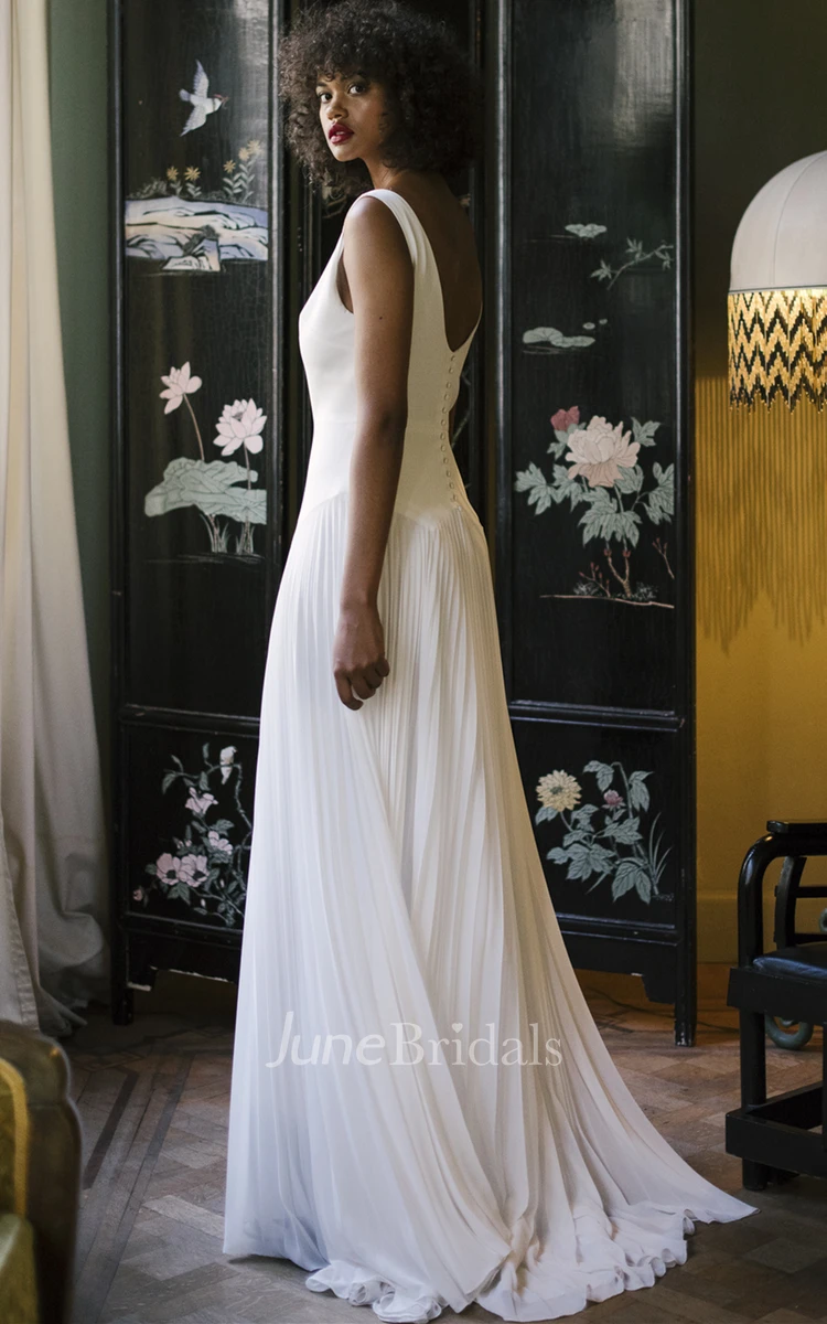 Elegant A Line V-neck Chiffon Sweep Train Wedding Dress with Pleats