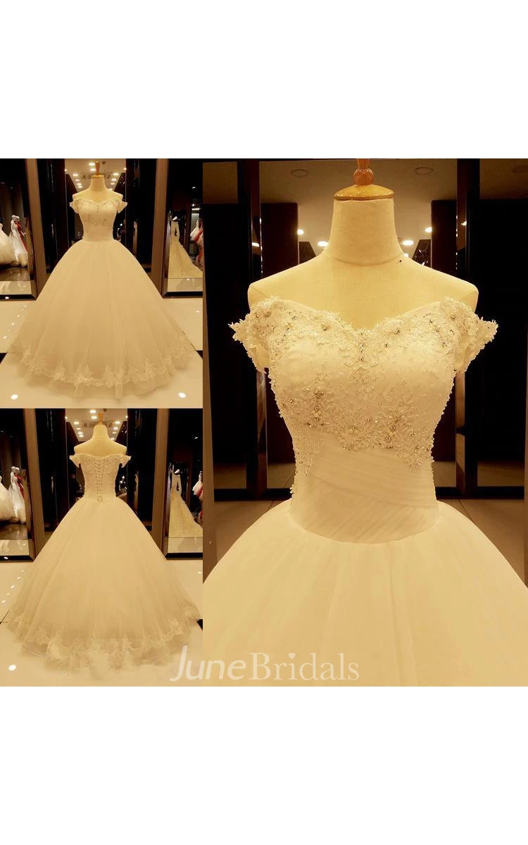 Stunning Off-the-Shoulder Tulle Lace Wedding Dress Ball Gown With Beadings