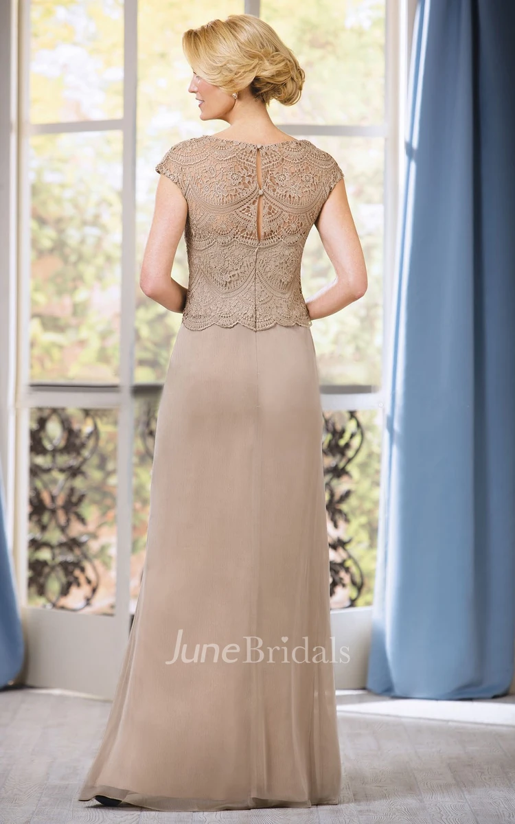 Plunged Cap-sleeve Front-split Mother of the Bride Dress With Lace top