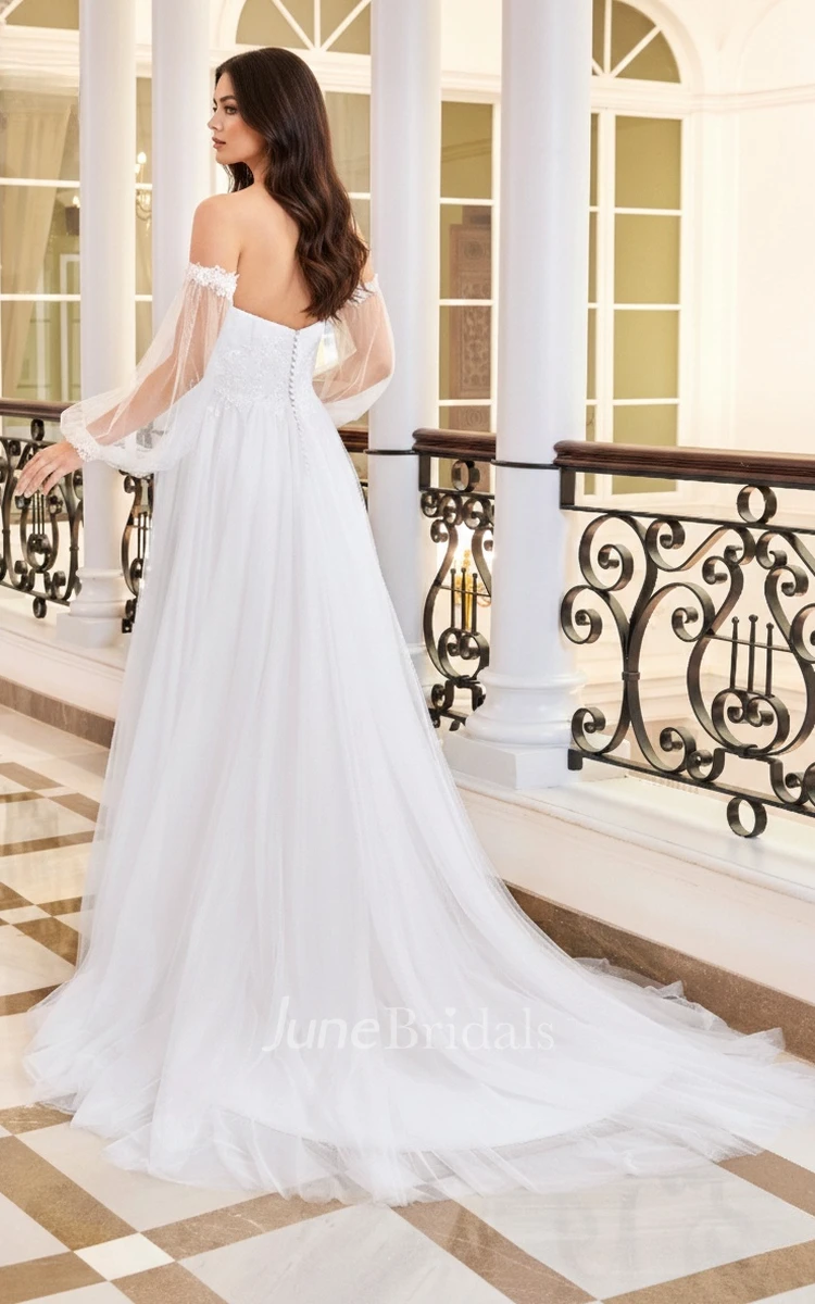 Romantic Floral A-Line Boho Lace off the Shoulder Beach Garden Spring Wedding Dress Modern Flowy Plunging Neckline Puff Sleeve Floor Length Trained Tulle Bridal Gown