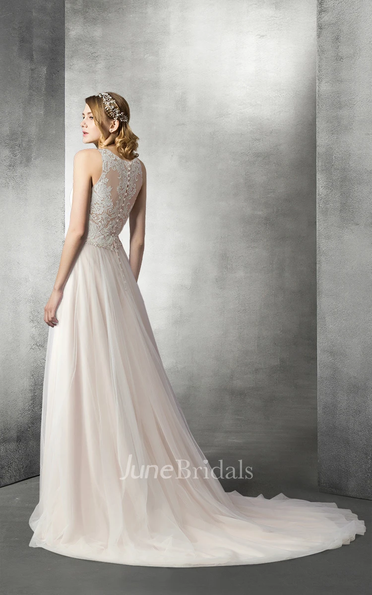 Jewel Neck Long Tulle and Lace Wedding Gown