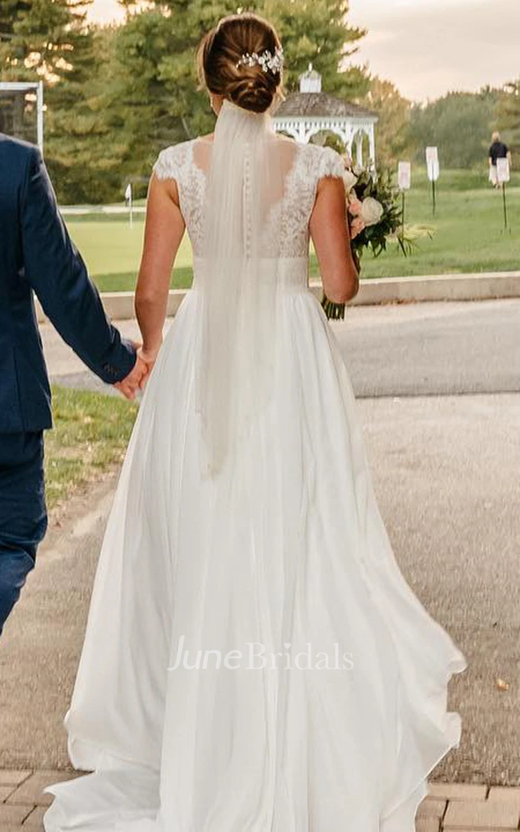 A-Line Plus Size Modest Low V-Neck Illusion Back Lace Cap Sleeve Tulle Trailing Wedding Dress
