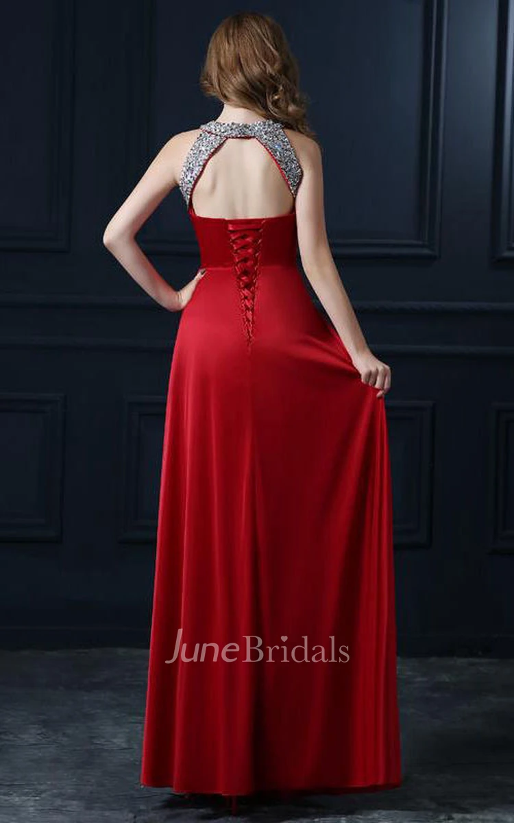 Sleeveless A-line Long Dress with Keyholes and Pleats