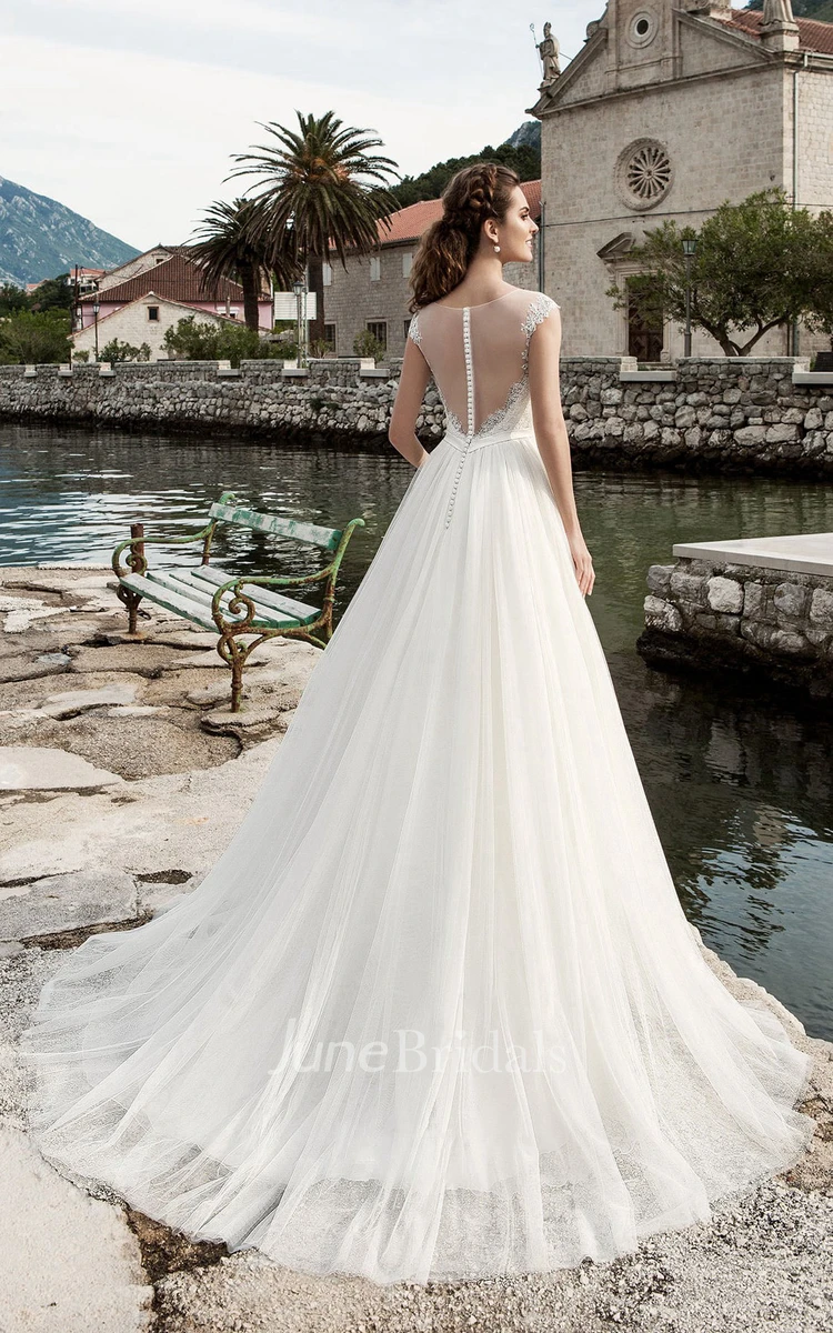 A-Line Floor-Length Jewel-Neck Cap-Sleeve Illusion Tulle Dress With Pleatings