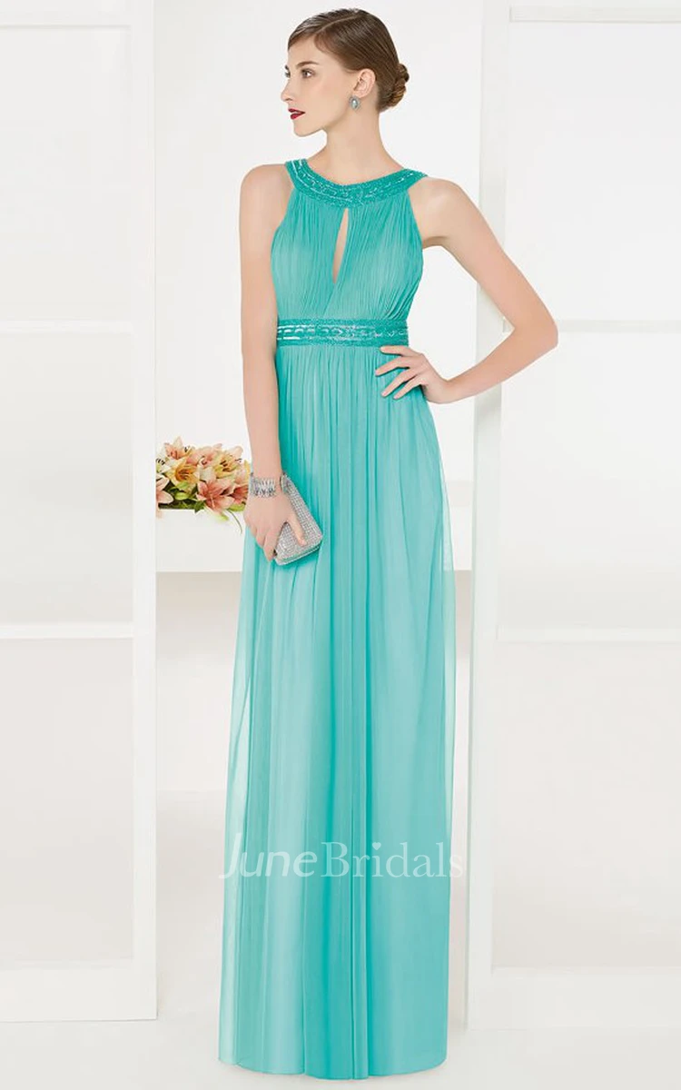 Empire Front Keyhole Tulle Long Prom Dress With Sequined Neck And Waist