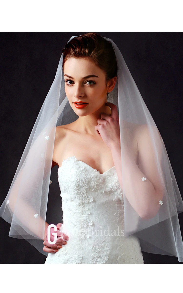 Simple Tulle Elbow Wedding Veil with Flower Appliques