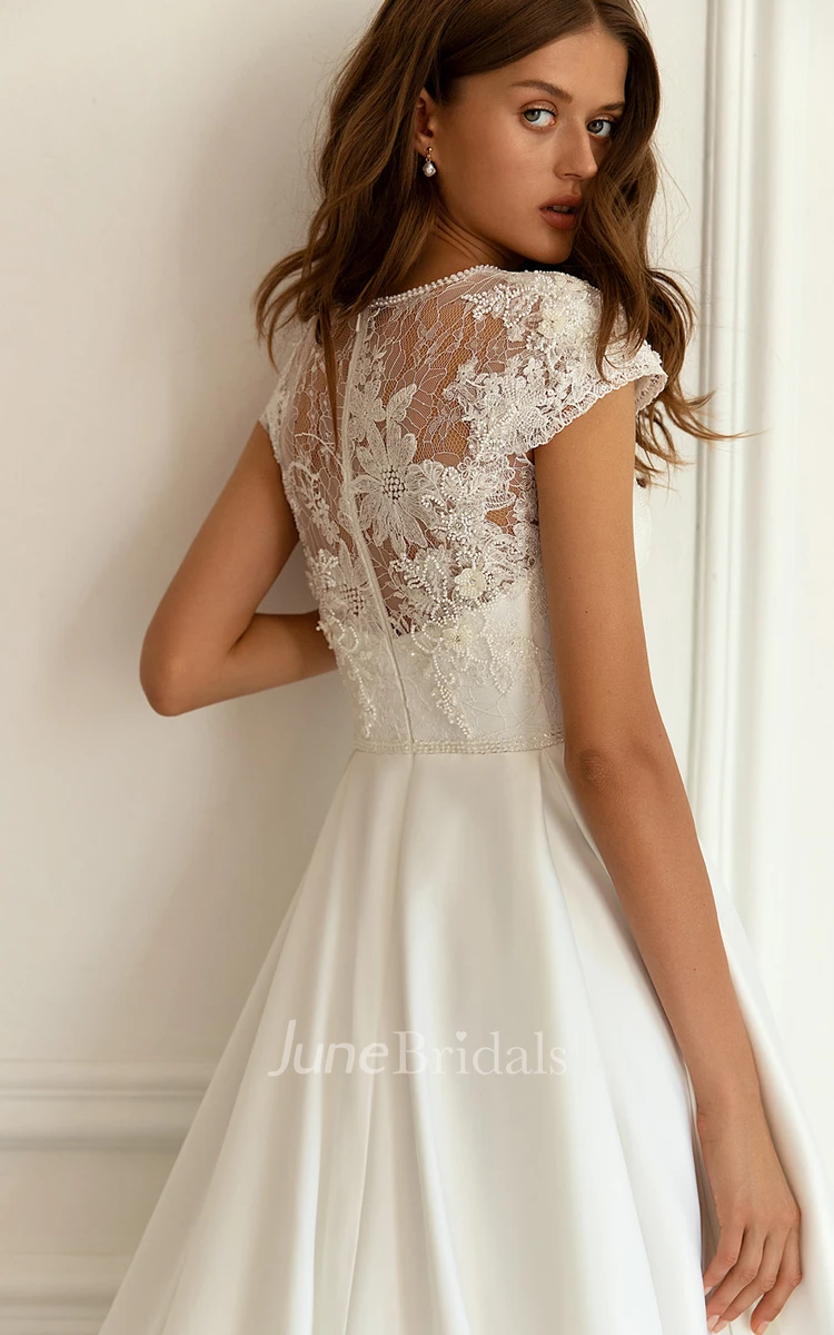 Romantic A Line Floor-length Short Sleeve Lace Jewel Wedding Dress with Appliques