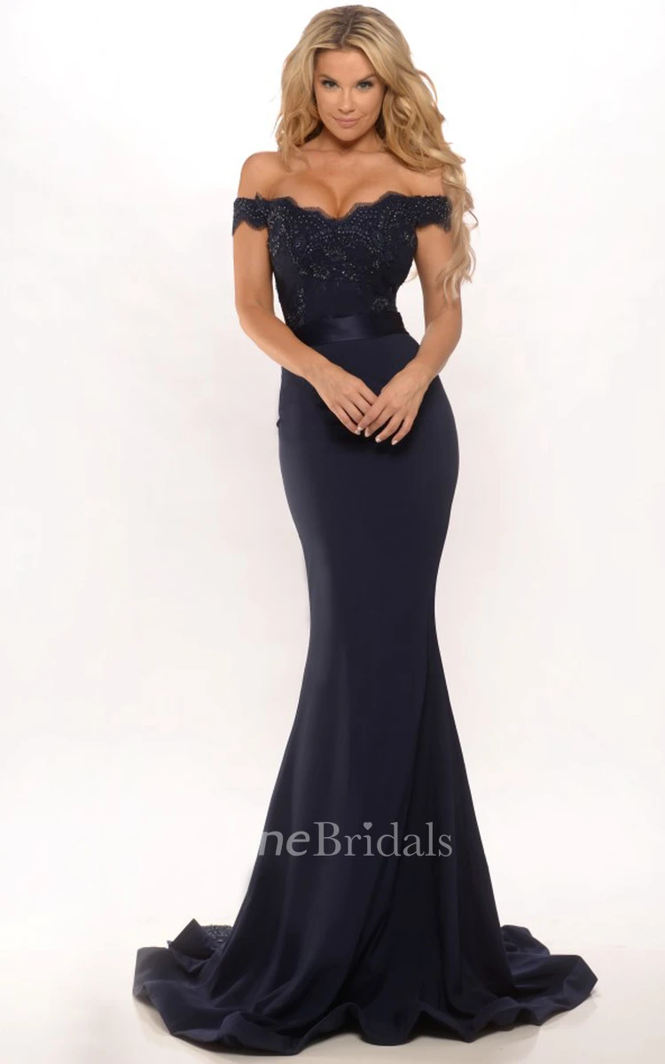 Mermaid Floor-Length Off-The-Shoulder Lace Jersey Prom Dress With Low-V Back And Sweep Train