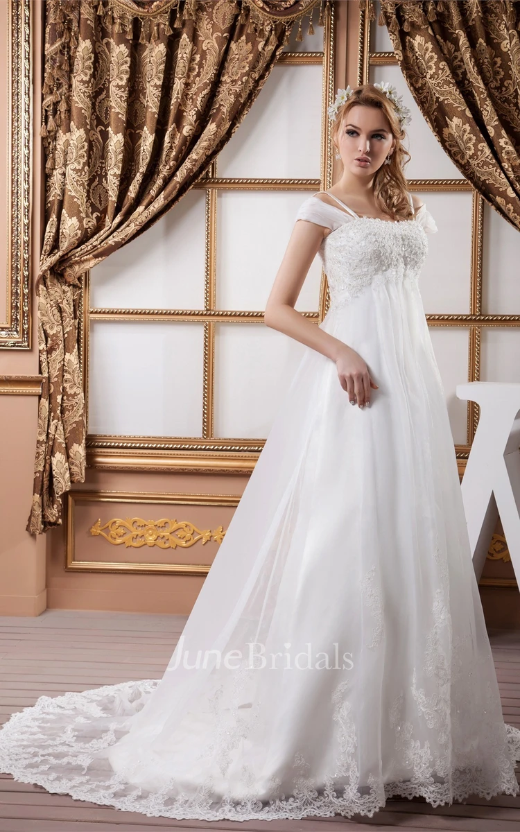 Caped-Sleeve Empire A-Line Gown with Appliques and Beading