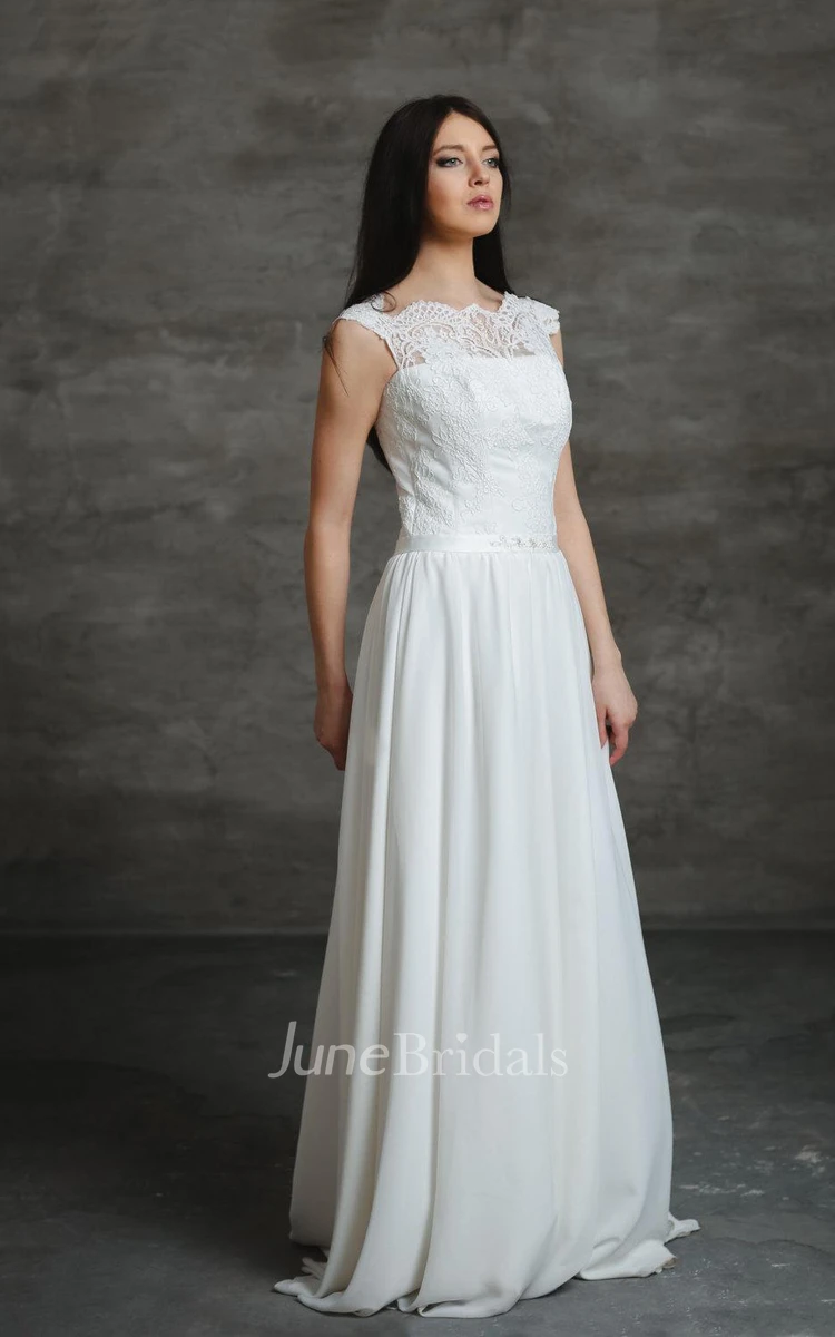 Bateau Neck A-Line Wedding Dress With Lace Top and Chiffon Skirt