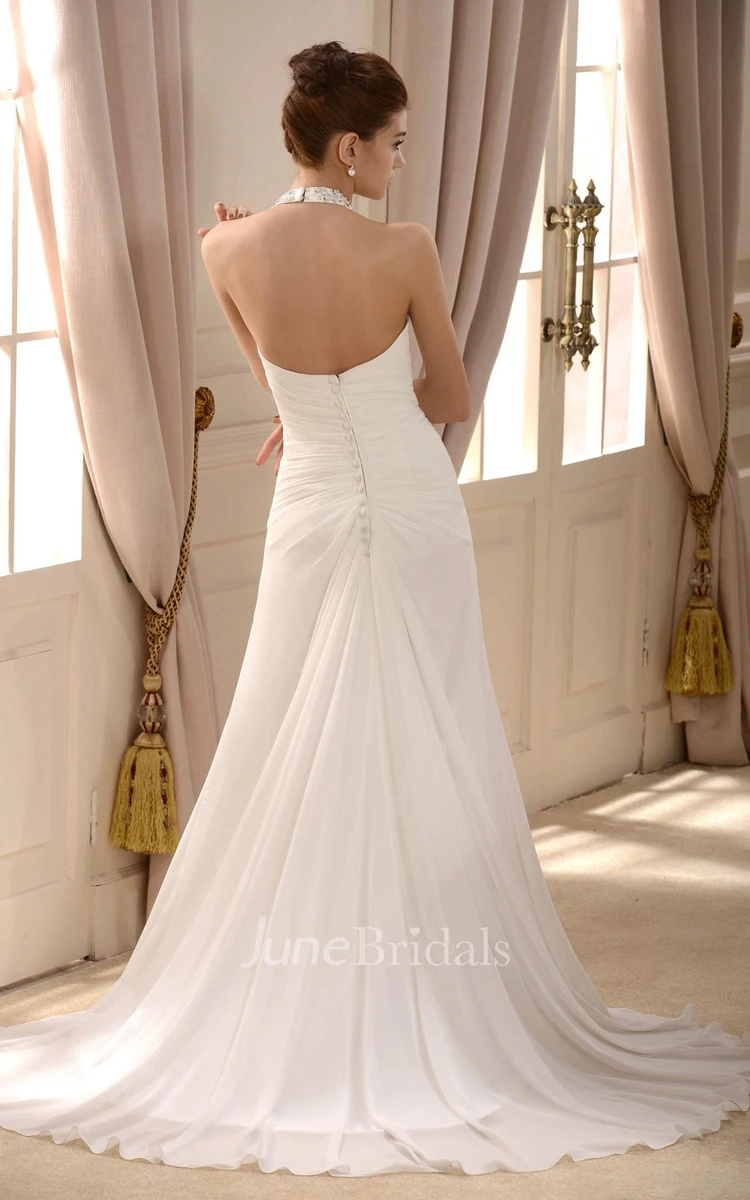 Elegant Chiffon A-line Halter Beading Floor Length Wedding Gown