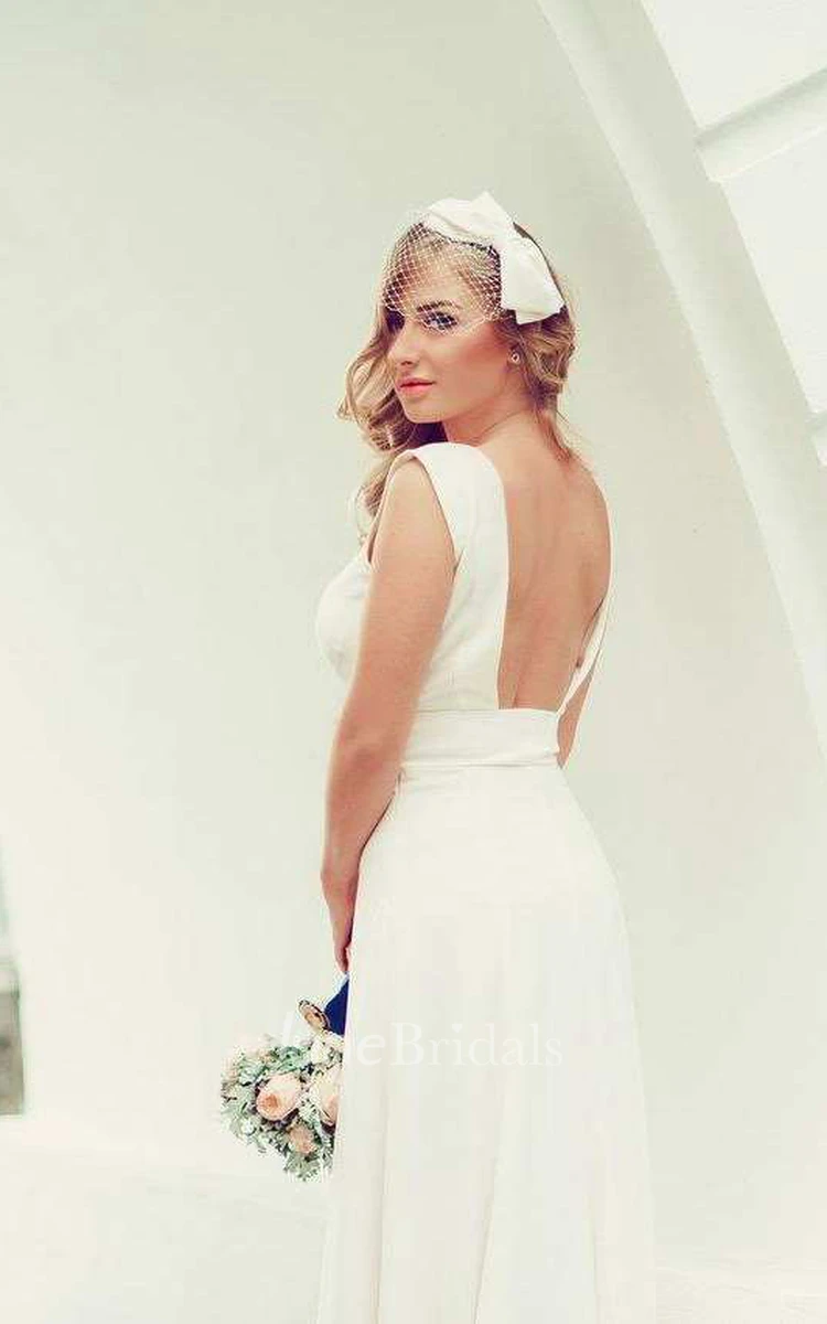 Scoop-Neck Short Sleeve Split Front Long Wedding Dress