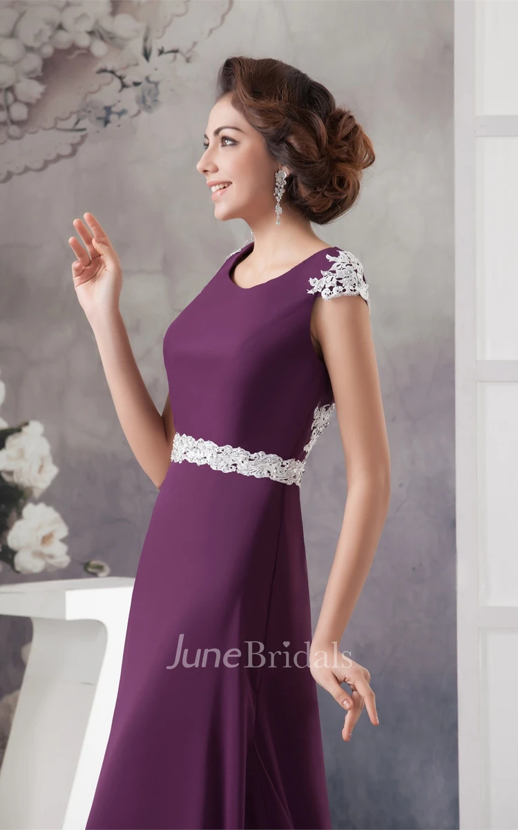 Caped-Sleeve Chiffon Long Dress with Appliqued Back Design