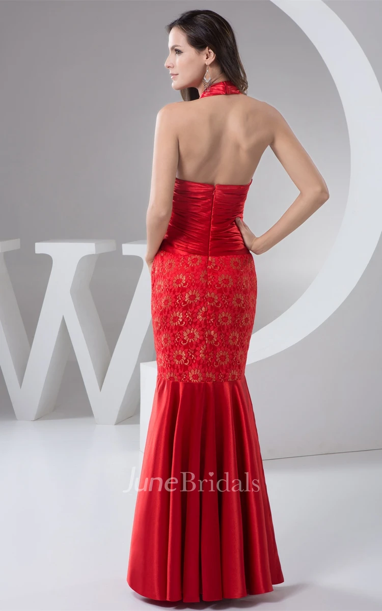Plunged Body-Fitting Long Dress with Front Slit and Broach