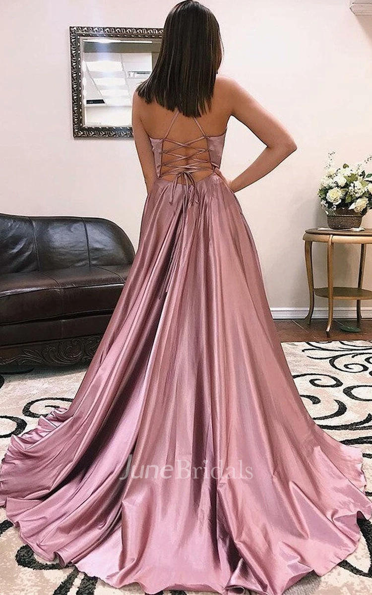 Romantic A-Line Spaghetti Satin Formal Dress With Open Back And Split Front
