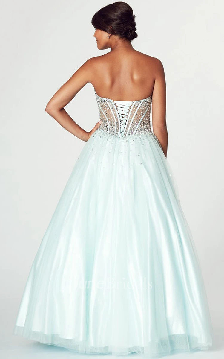 A-Line Strapless Beaded Tulle Prom Dress With Lace-Up Back