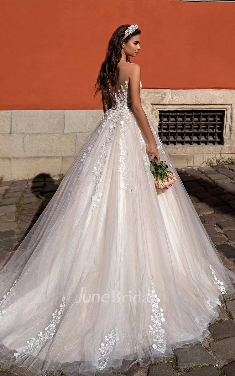 Romantic Ball Gown Tulle Bateau Neck Wedding Dress With Court Train And Sash