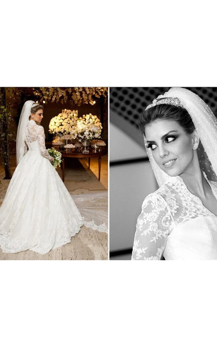 Elegant V-neck Long Sleeve Lace Wedding Dress Ball Gown