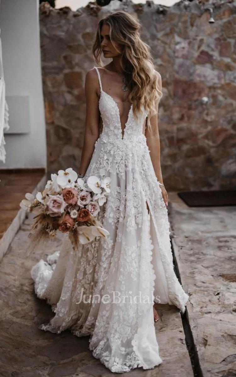 June Bridals Beach Floral Boho Lace A-Line Straps Warm Wedding Dress with Split Front Elopement Elegant Gown Country Western - White/Ivory/Champagne Beach Floral Boho Lace A-Line Spaghetti Straps Warm Wedding Dress with  Split Front Garden Elopement Elegant Backless Sleeveless Appliqued Court  Train Bridal Gown - June Bridals