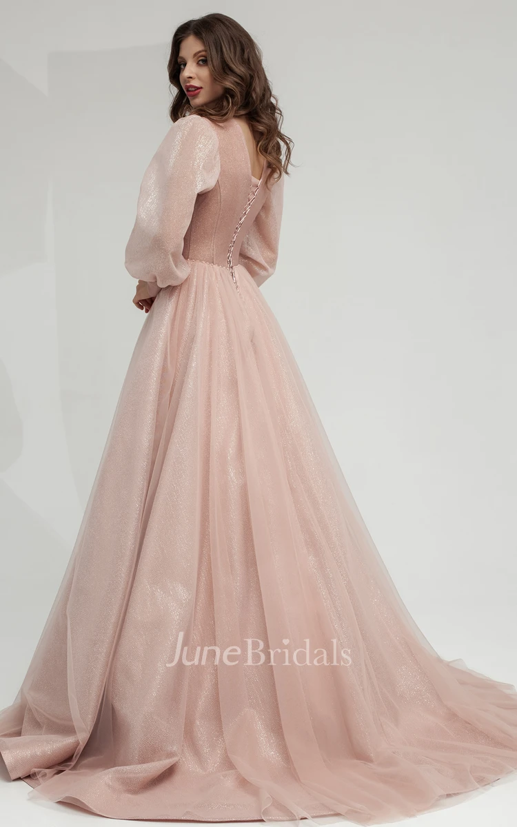 Gorgeous A-Line Plunging Neckline Tulle Sequins Prom Dress