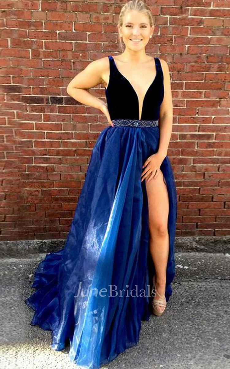 Sexy A Line V-neck Tulle Sleeveless Sweep Train Formal Dress With Beading