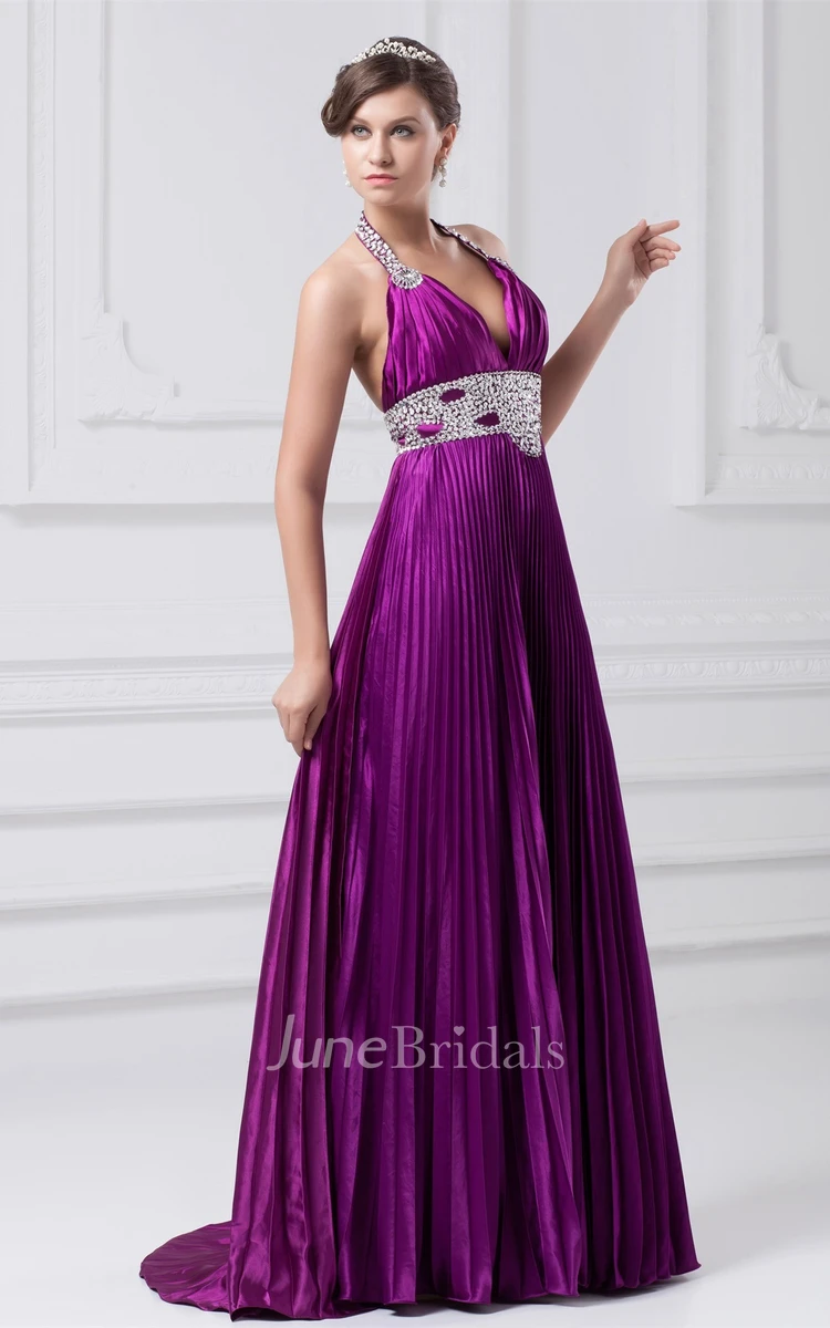 plunged pleated a-line gown with gemmed waist and halter