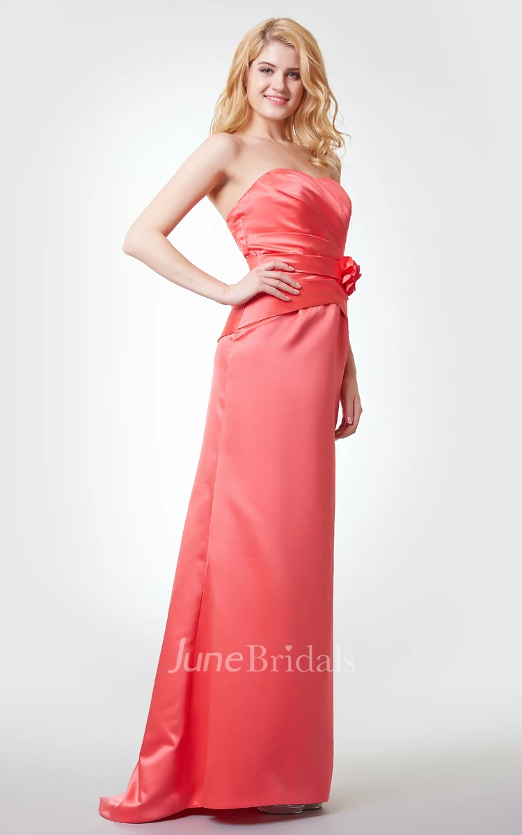 Sleeveless Floral A-line Ruched Long Satin Dress