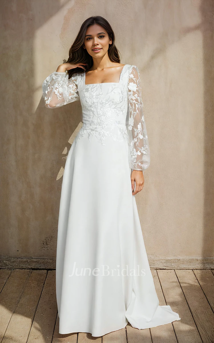 Elegant Solid Square Neck A-Line Lace Flowers Wedding Gown Vintage Floor-length Long Puff Sleeve Button Back Bridal Dress with Appliques