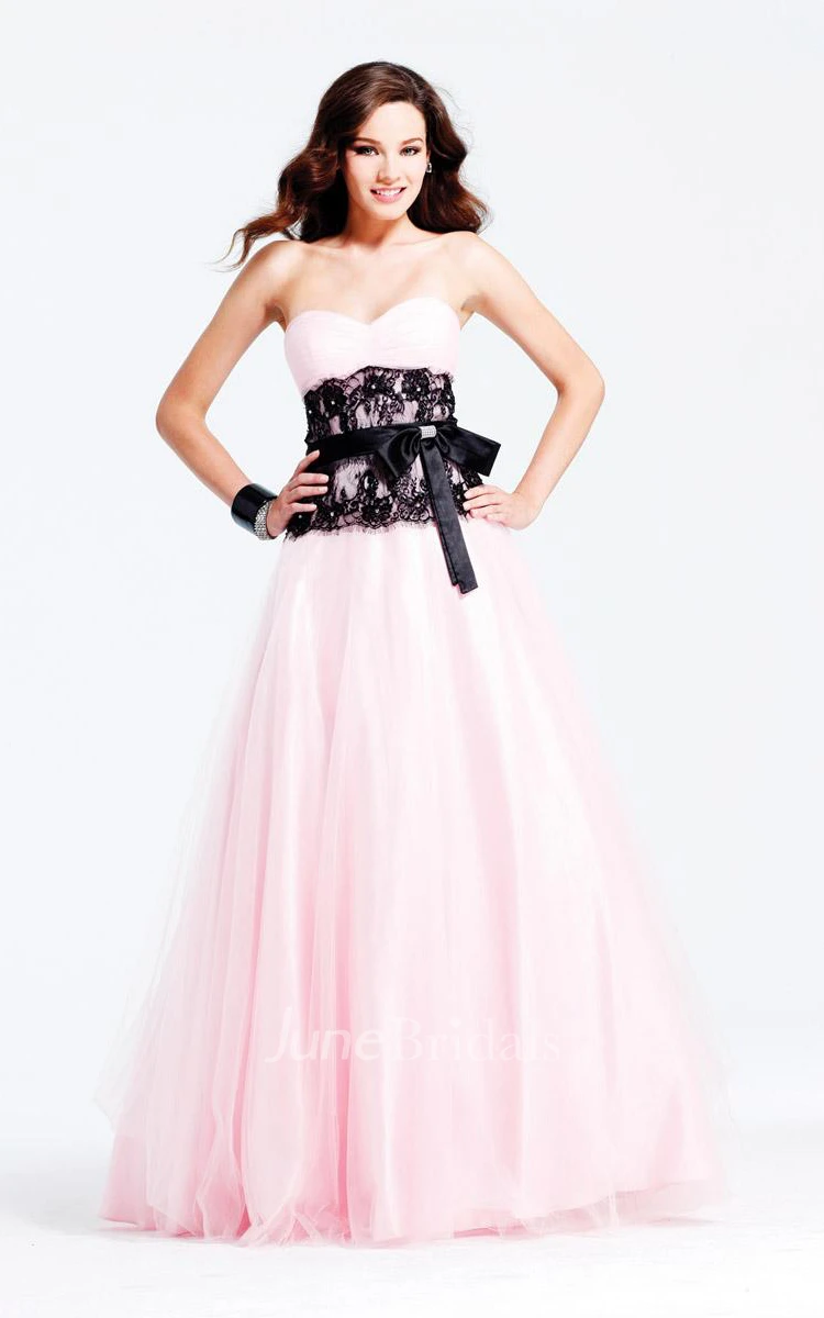 Sweetheart Black Lace Prom Dresses With Hot Bridalsmaid Pink Pleated Tulle Bow Ruffle Gown