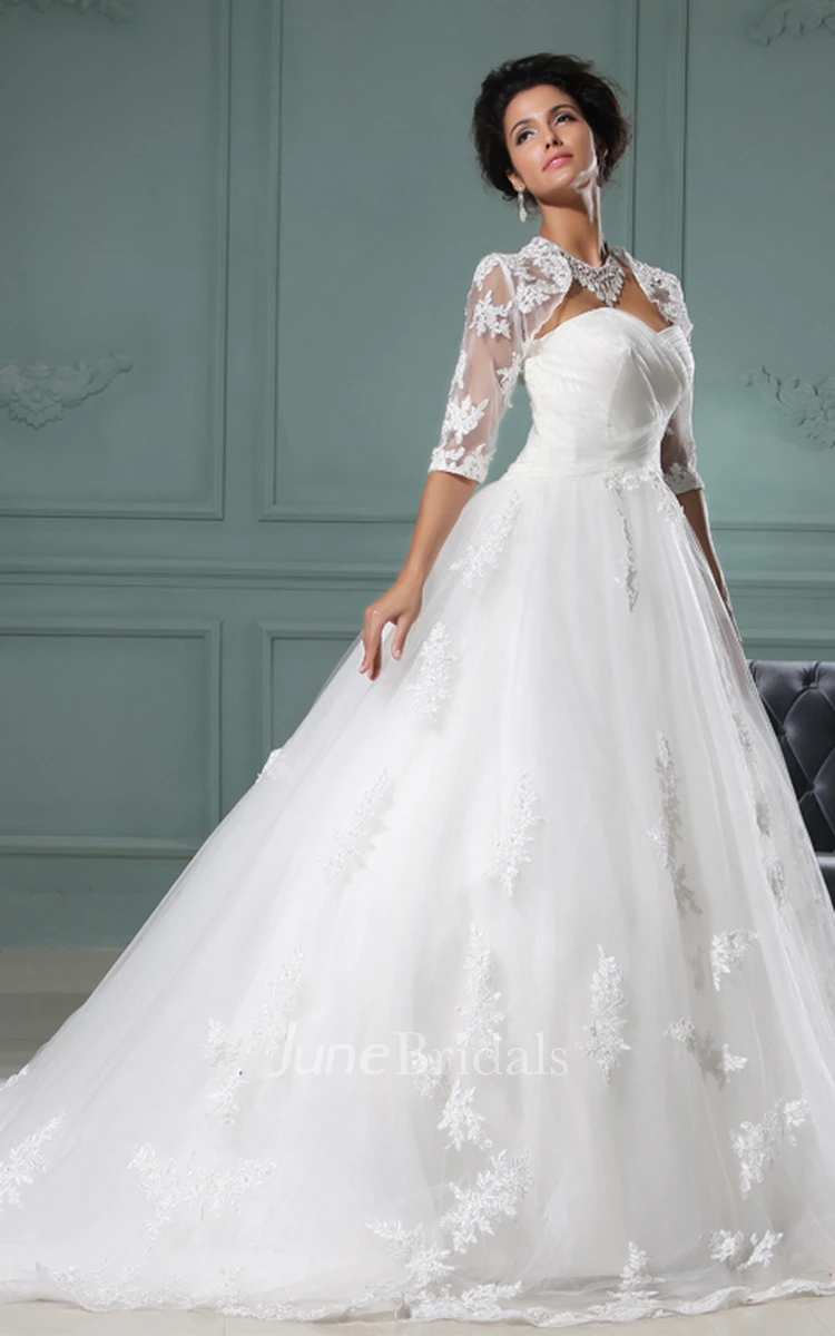 Strapless A-Line Gown With Soft Tulle And Lace Bolero