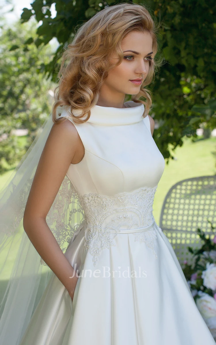 A-Line Ball Gown High Neck Sleeveless Satin Wedding Dress With Lace Up Back  - June Bridals