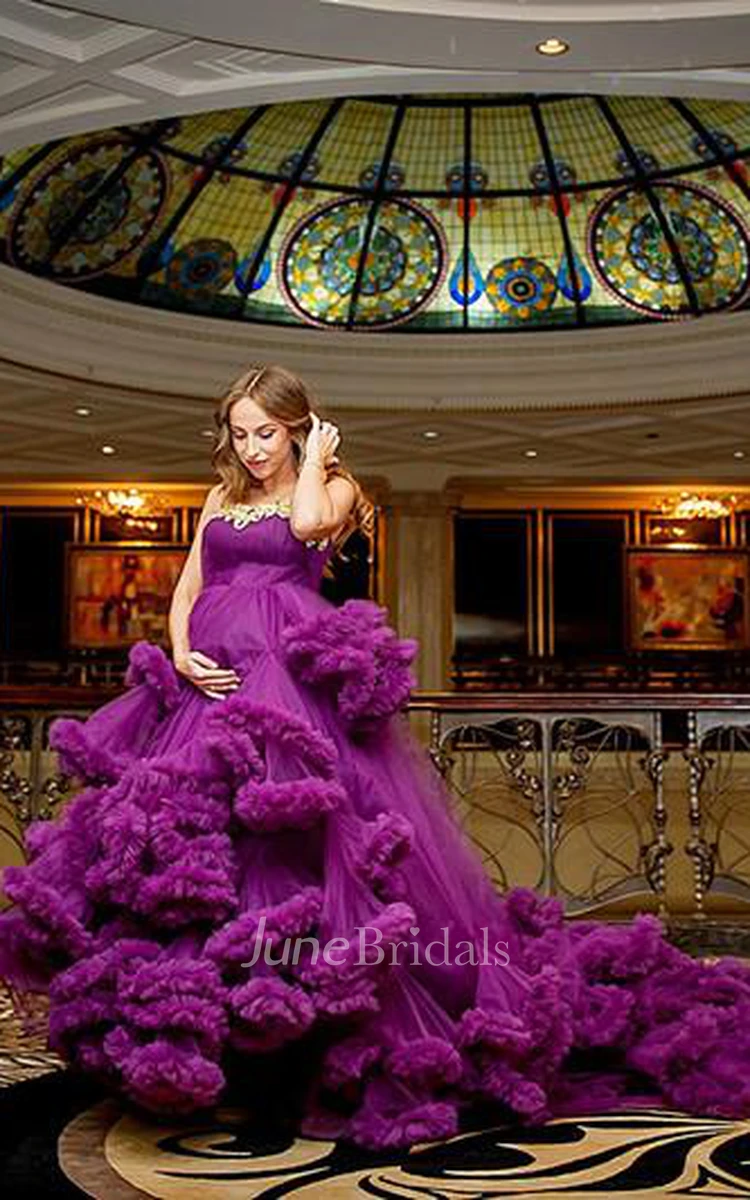 Glamorous Pregnant Purple Cloud Wedding Dress Appliques Women's Party Dress