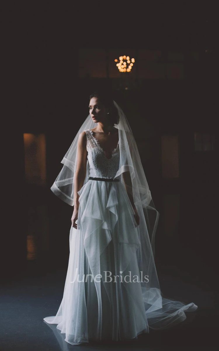 V-Neck Sleeveless Low-V Back Long Tulle Wedding Dress With Sash And Ruffles
