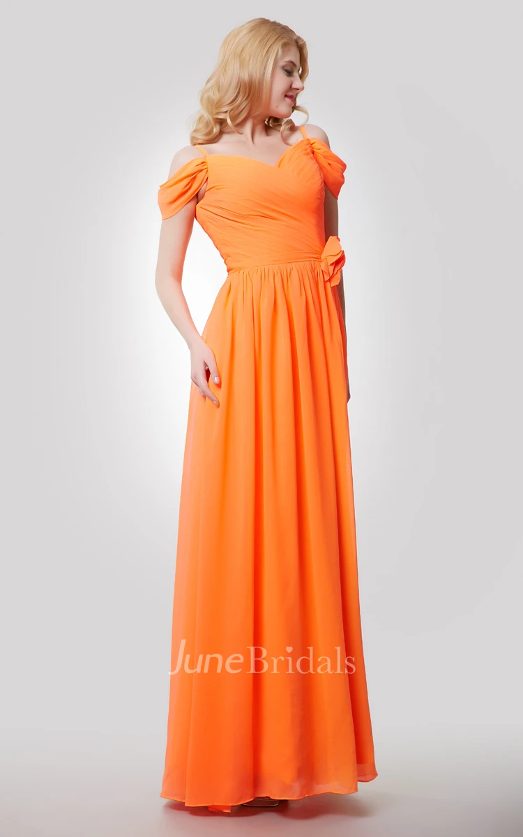 Off-The-Shoulder Floor Length Chiffon Dress With Flower and Ruching