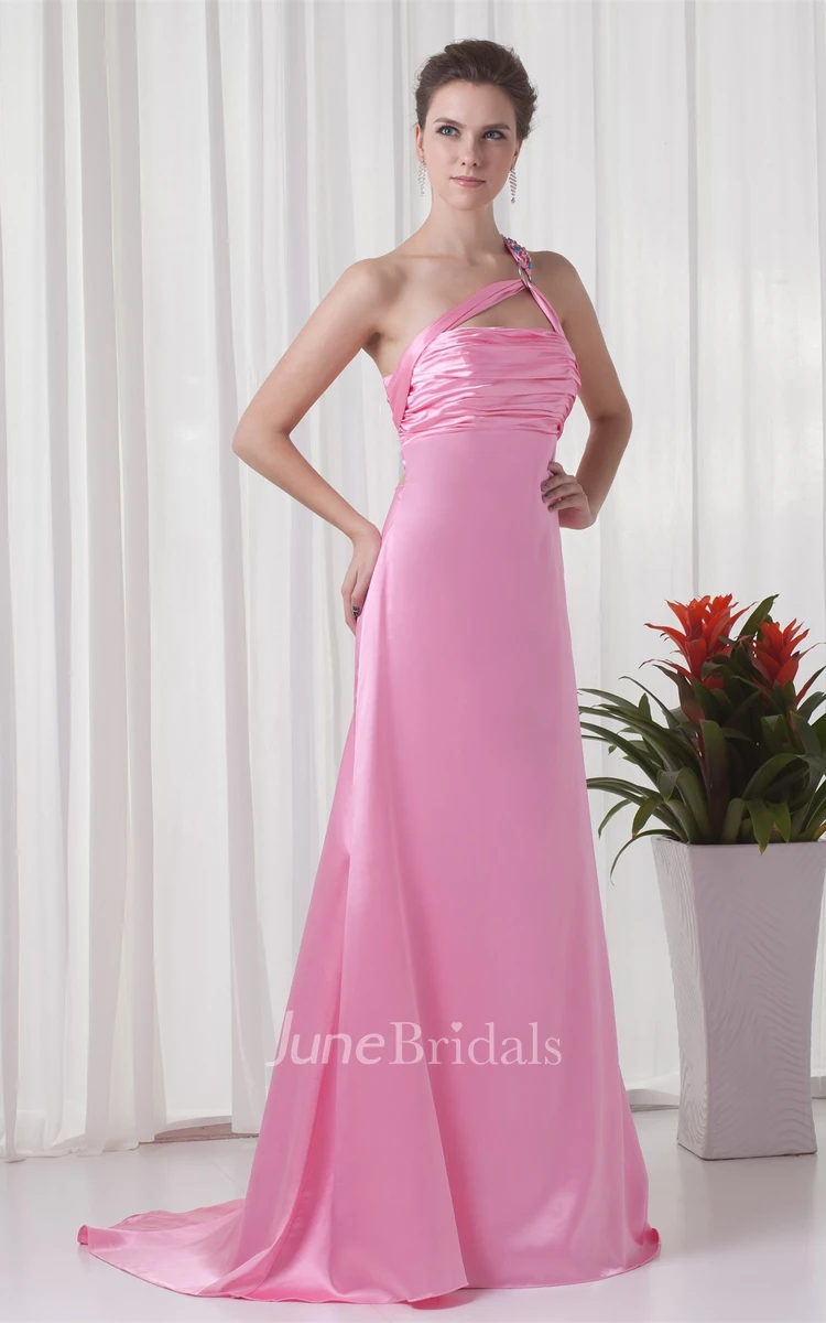 satin sheath floor-length sleeveless dress with brush train and ruching