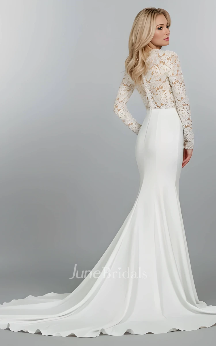 Mermaid Lace Long Sleeve Plunging V Neck Sexy Vintage Wedding Dress for Women