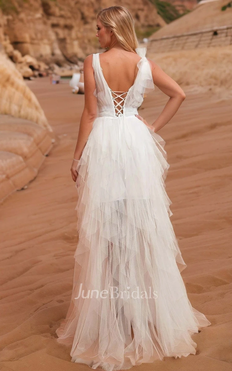 Ethereal Romantic A-Line Tulle Wedding Dress Beach Sexy Solid V-neck Floor-length Sleeveless Bridal Gown with Lace-up Back