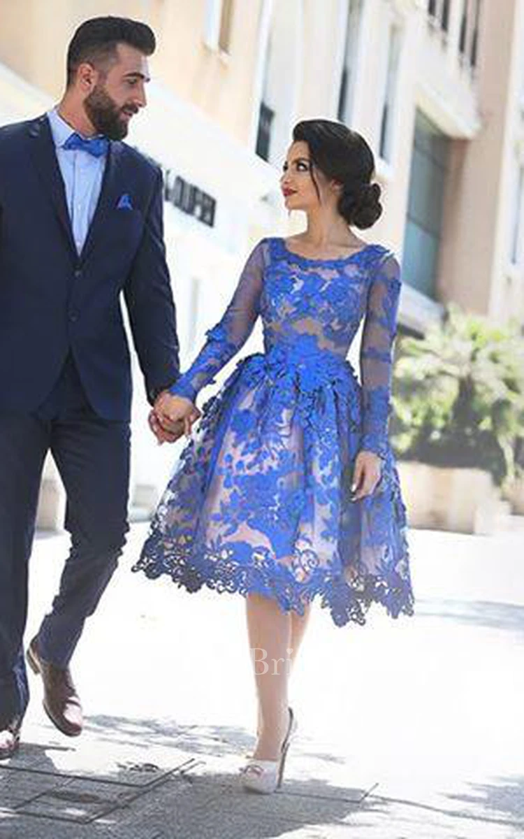 Delicate Ruyal Blue Appliques Prom Dress Long Sleeve