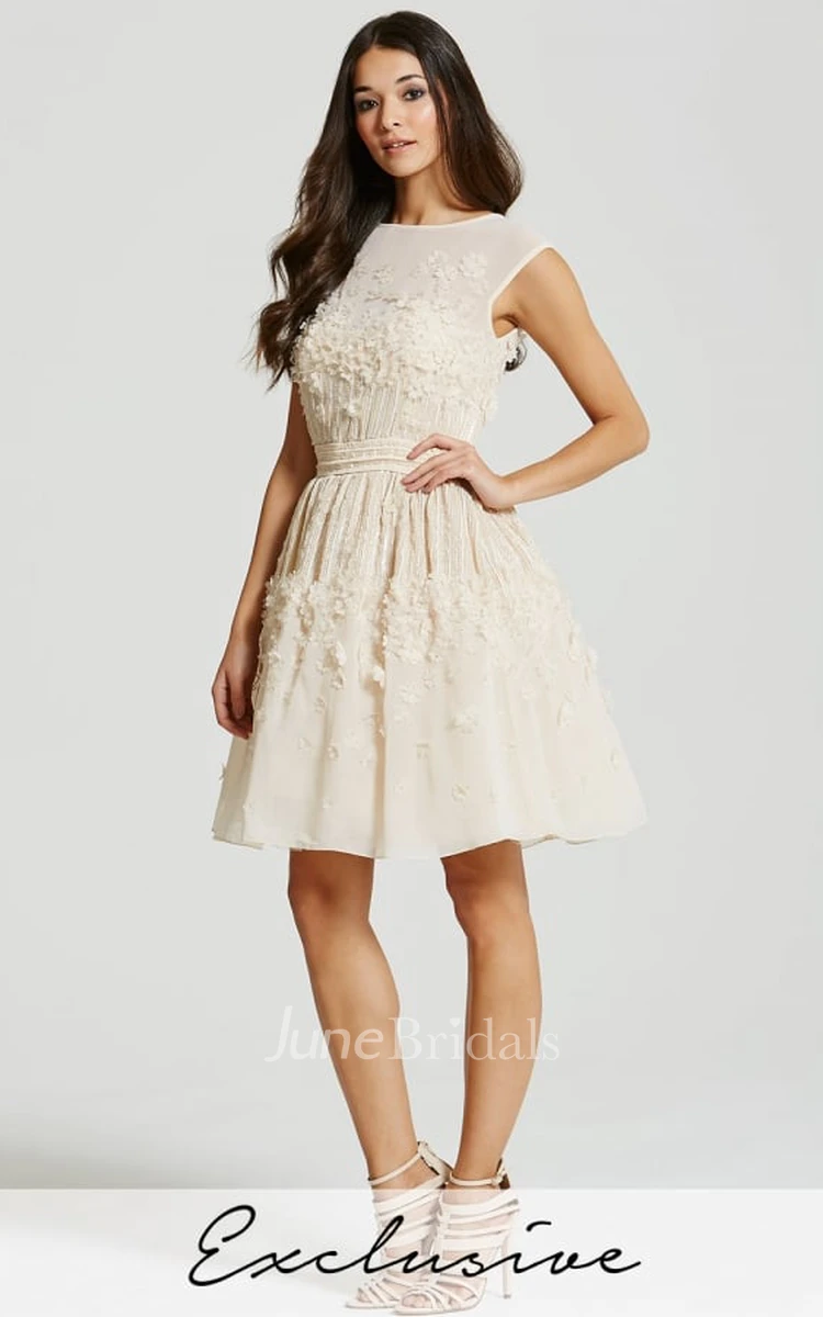 Short A-Line Floral Jewel Neck Sleeveless Chiffon Bridesmaid Dress