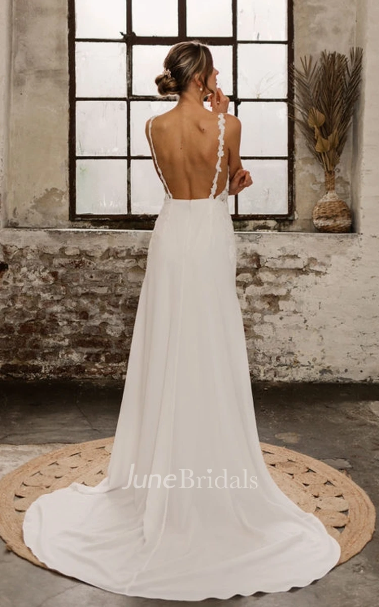 Sheath Satin Sexy Open Back Illusion Tulle Applique Elegant Trailing Wedding Dress