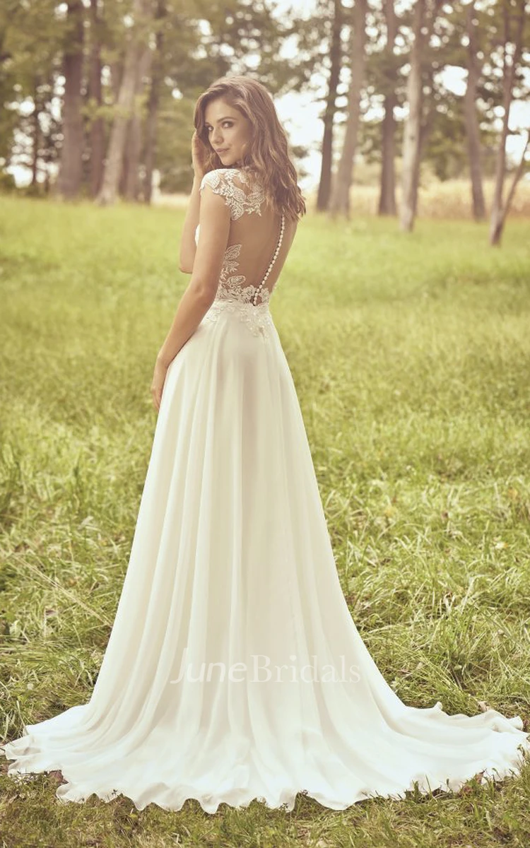 Cap Sleeve Plunging Neck Lace Chiffon Wedding Dress With Appliques And Illusion Back