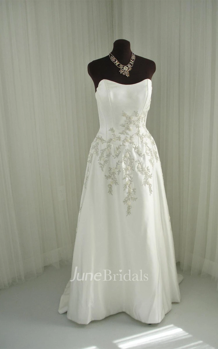 Strapless Long A-Line Satin Wedding Dress Embroidered Floral