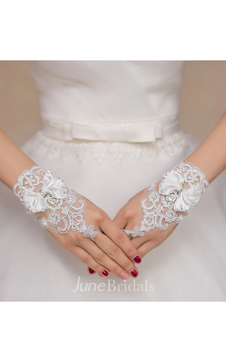 New White Bow Lace Diamond Hook Short Paragraph Gloves
