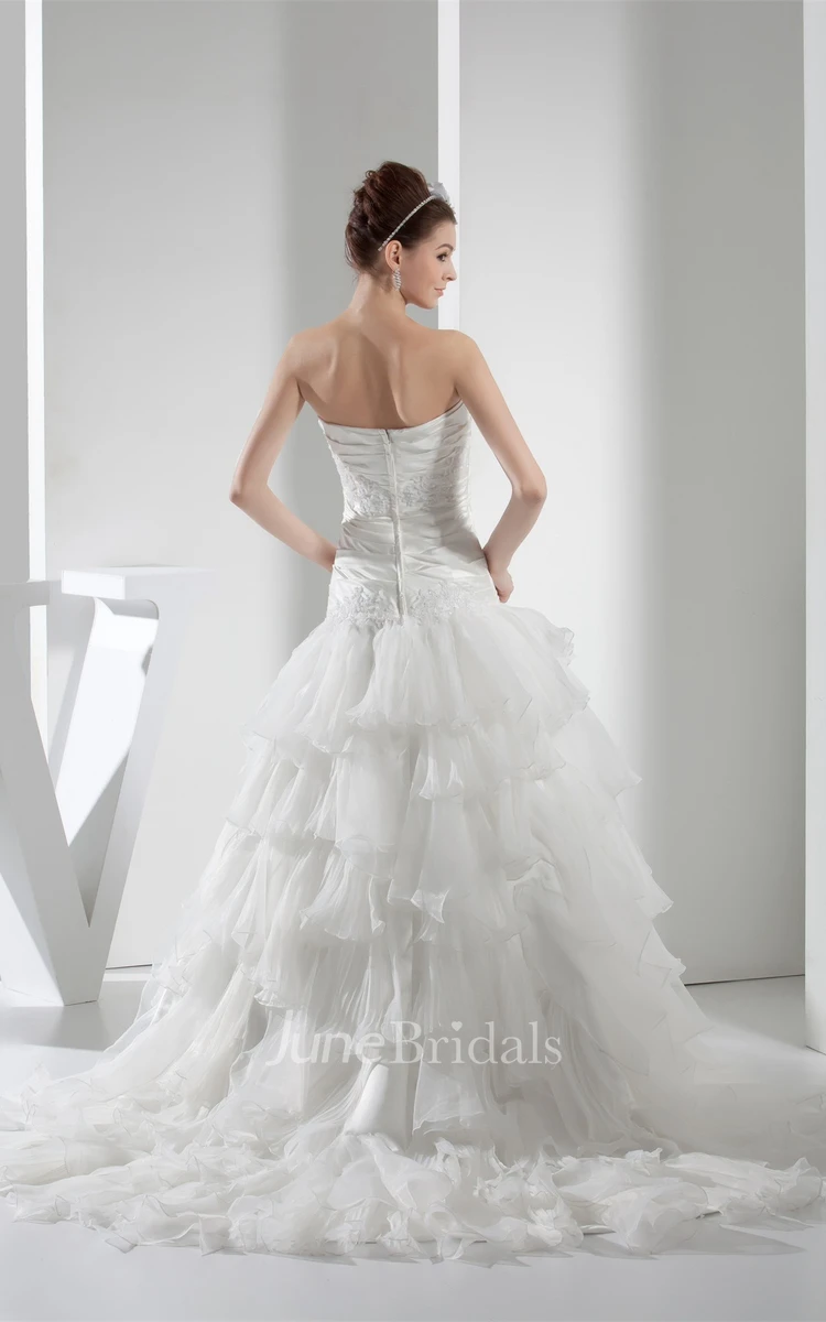 Strapless Tiered A-Line Ball Gown with Bow and Appliques