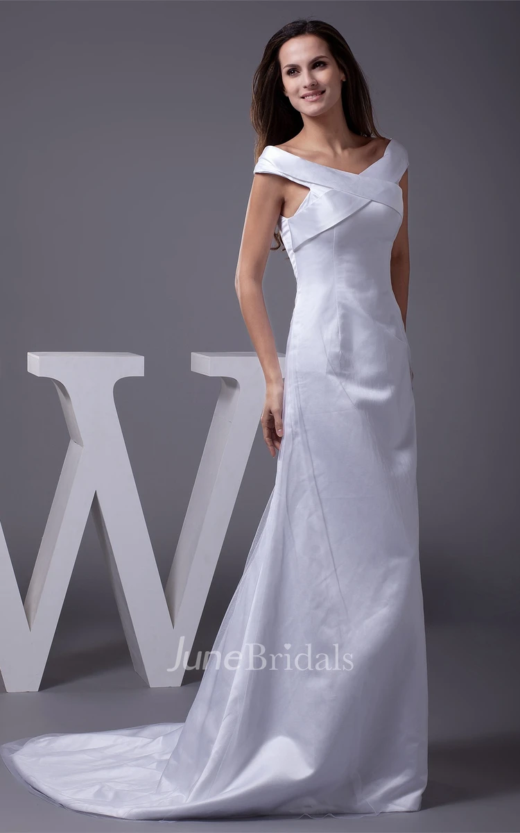 Caped-Sleeve Satin Floor-Length Dress with Brush Train