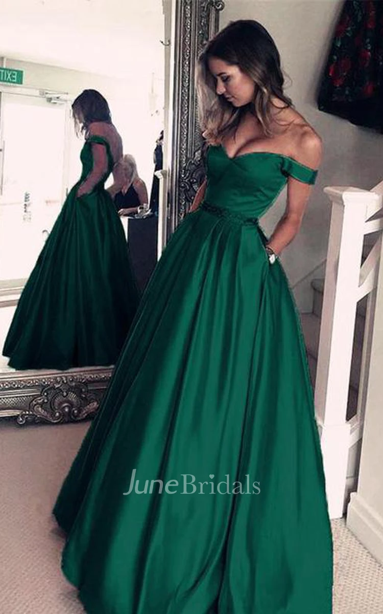 Emerald green prom dress off the shoulder hotsell